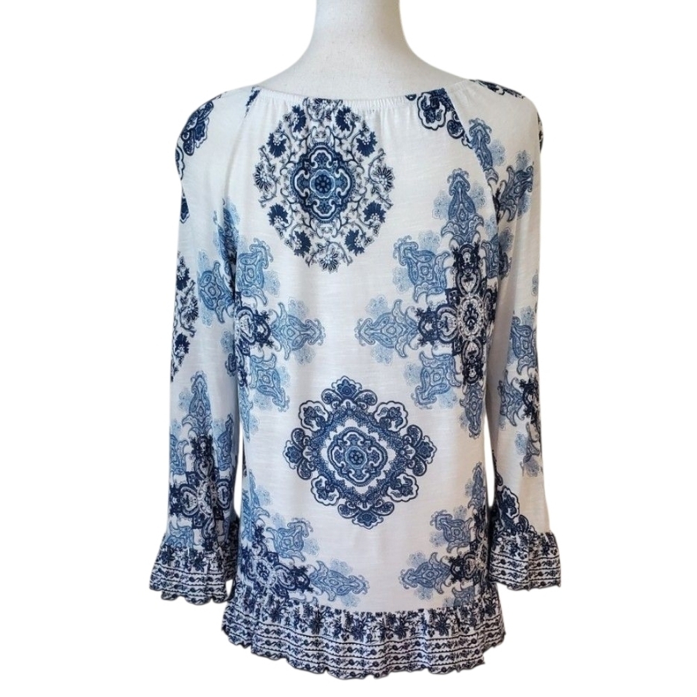 INC International Concepts Blue White Boho Medallion Peasant Top 3/4 Sleeve Med - Picture 3 of 7